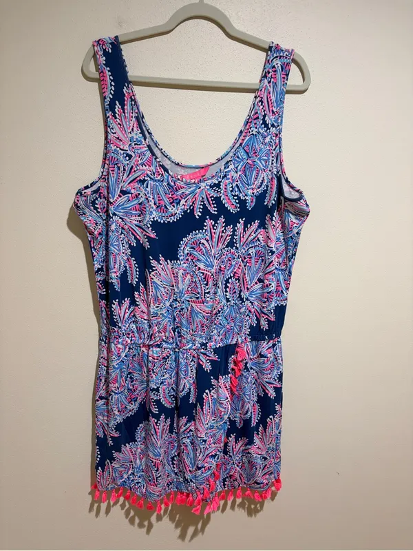 Lilly Pulitzer Jarrett Romper Sleeveless Tank Navy Blue Pink Tassels Size XL - Image 2