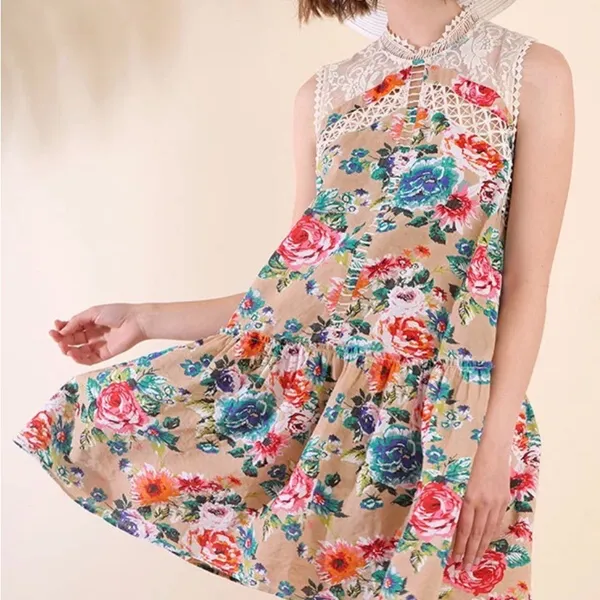 Umgee Dress Size L Tan Rose Floral Fairy Lace Sleeveless Cottage Mumu - Image 2