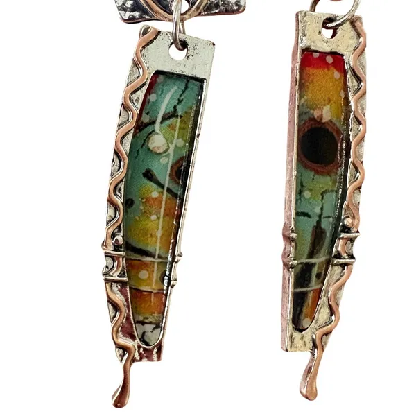 Mixed Metal Resin l Drop Earrings Silver Copper‎ Tone Geometric Dangles - Image 3