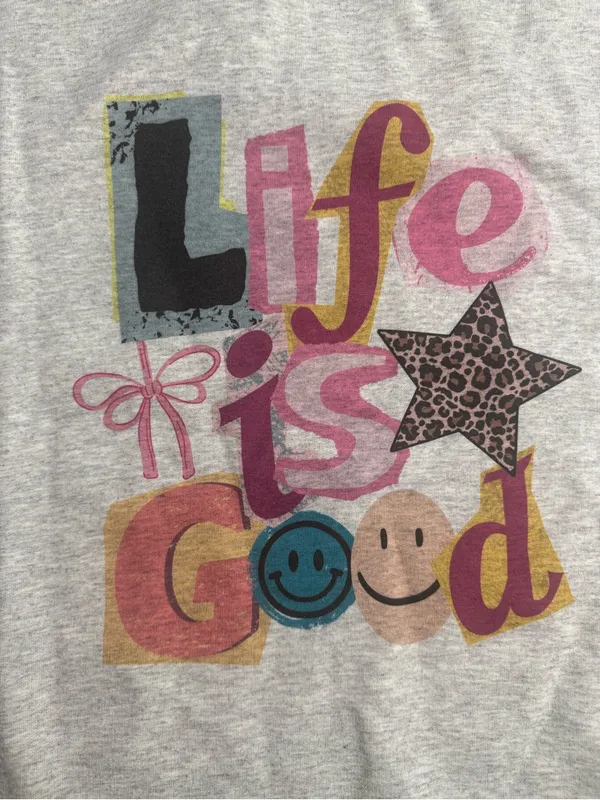 Gildan Light Gray Cropped Sweatshirt with Colorful 'Life' Graphic - Image 5