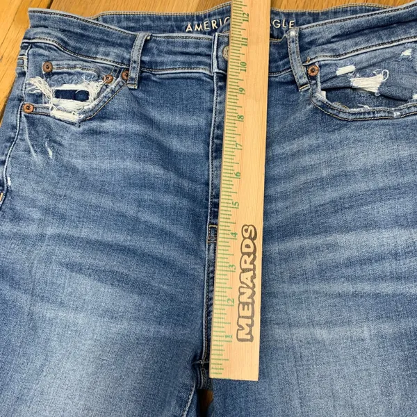American Eagle Super Hi-Rise Flare Jeans Blue Distressed Raw Hem Women 10‎ Reg - Image 3