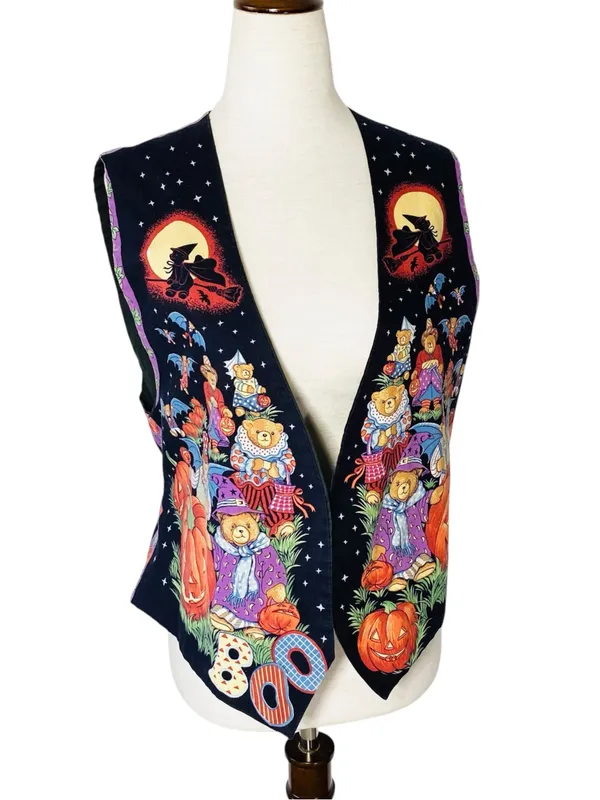 VINTAGE Halloween Bears Vest Black Size XL - Image 6