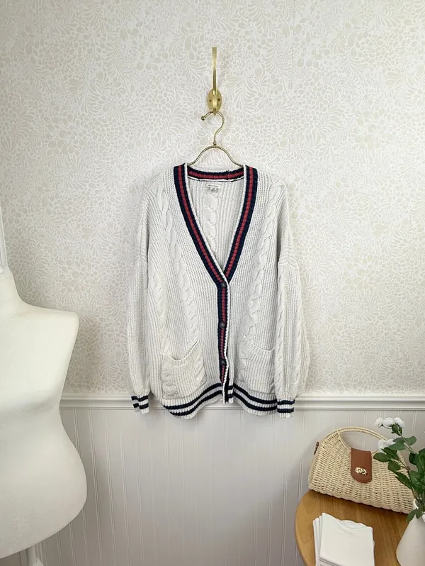American Eagle Creamy Gray Varsity Cable Knit Button Cardigan - Size - Large - Image 2