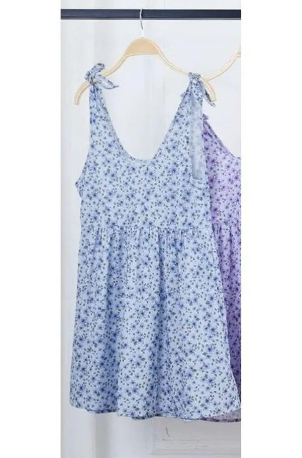 NEW Blue Floral Printed Shoulder Tie Strap Babydoll Dress L - Image 5