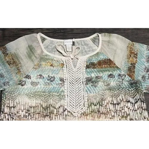 Chicos Boho Top Abstract Tribal Inspired Print Crochet Lace Artsy Size 1 Medium - Image 7