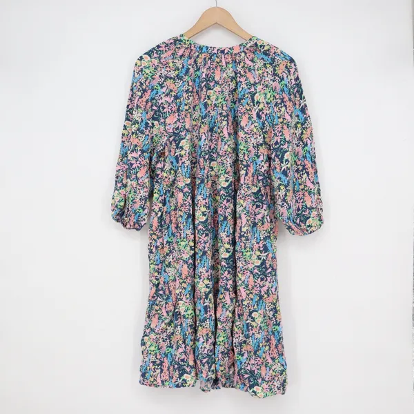 Gap Maternity Floral Tiered Mini Dress Medium Pink Blue Rayon 3/4 Balloon Sleeve - Image 5