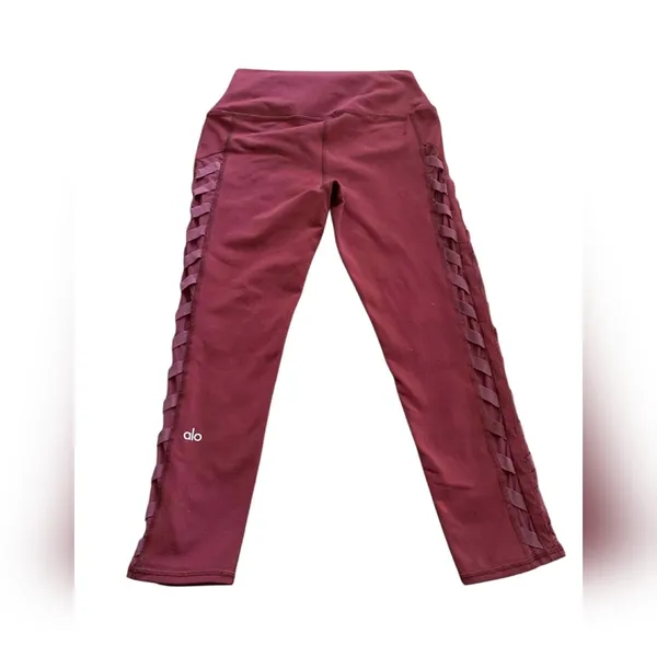 Alo Yoga Interlace‎ High-Waist Leggings Small Burgundy Red Mesh Strappy Core - Image 2