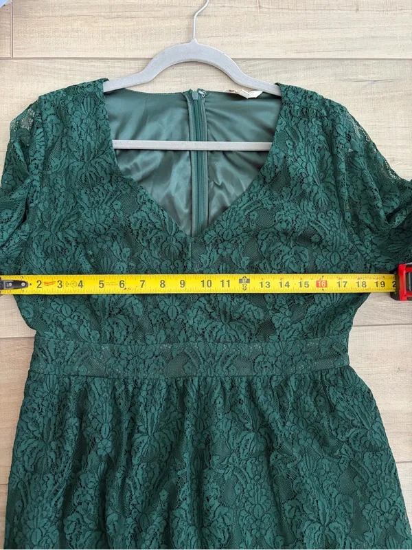 ModCloth Through the Bluebells Forest Green Lace 3/4 Bell Sleeve Mini Dress L - Image 7