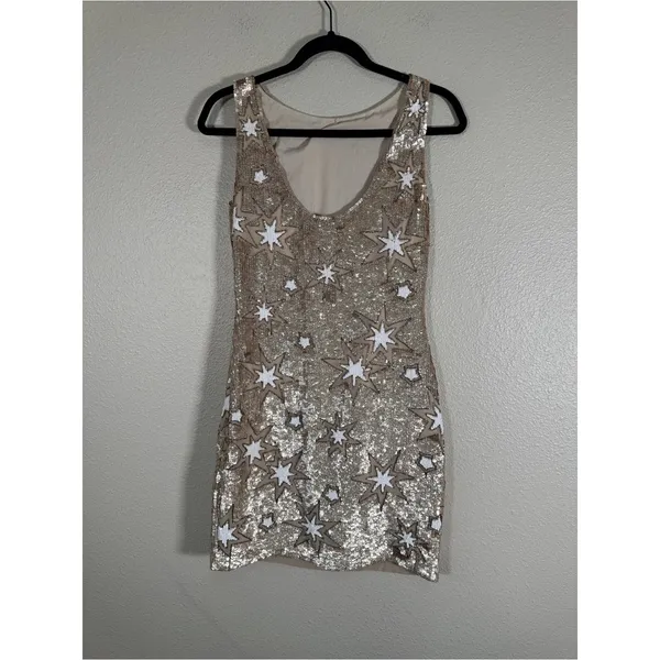 Anthropologie BHLDN Gold Sequin Star Mini Dress Womens 2 Formal Prom Verseau - Image 7