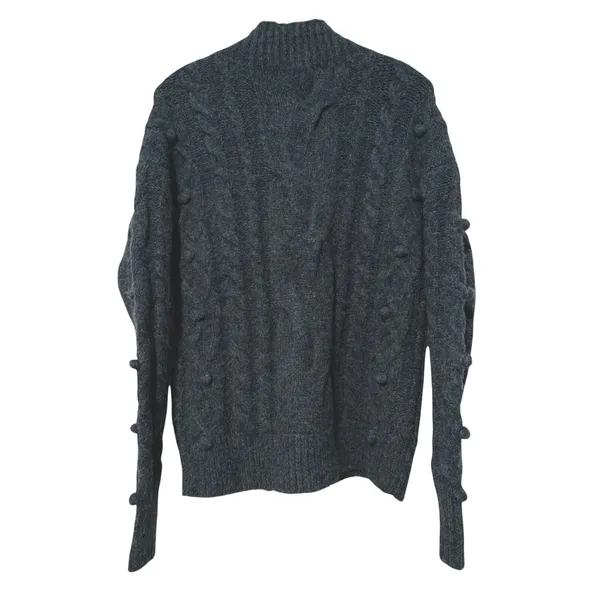 Lovestitch Sweater Charcoal Grey Cable Knit Pom Pom Mock‎ Neck Women Size Small - Image 2