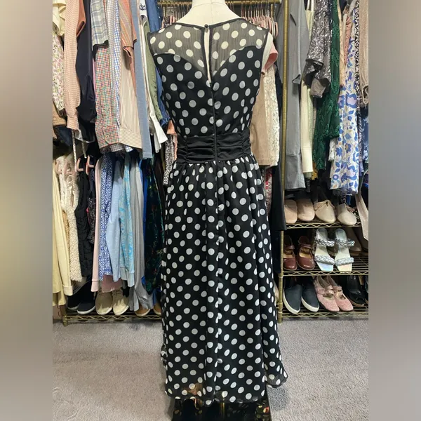 Lindy Bop Vintage Style Polka Dot Illusion Mesh Midi Swing Dress Black White - Image 3