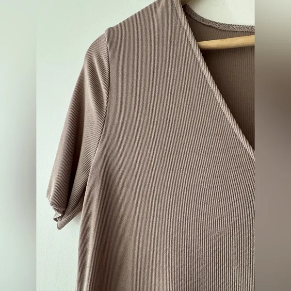 Zara Ribbed Basic Brown‎ Taupe V Neck Top - Image 2