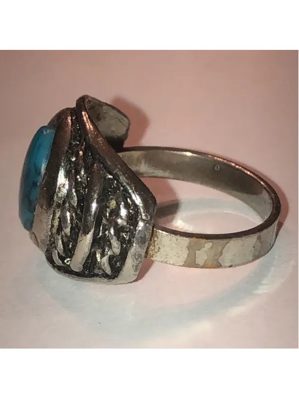 Vintage Silver Tone Faux Turquoise Adjustable Retro Boho Ring Blue - Image 4