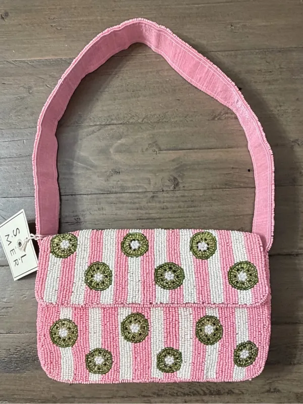 NWT Sol & Mer Collection XIIX Beaded Kiwi Pink Stripe Baguette Shoulder Bag - Image 7