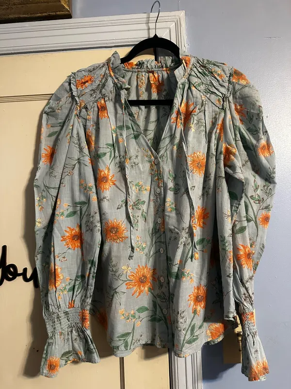 This item is the Free People "Meant To Be" Vintage Combo Floral Ruffled Cotton Blouse - Image 3