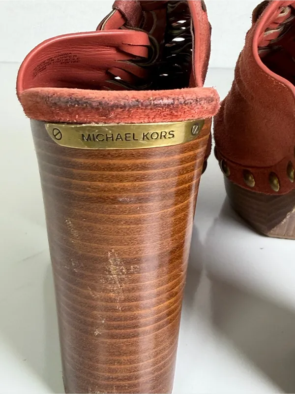 Michael Kors Women’s Sz 9 Rust Suede Woven Studded Platform Clog Heel Sandals - Image 3