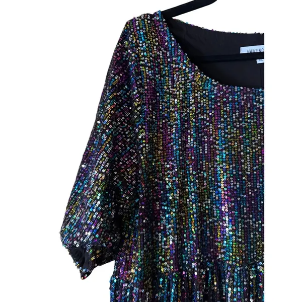 Amazing Lace Oil Slick Sequin Tiered Babydoll Concert and Party Mini Dress XL - Image 3
