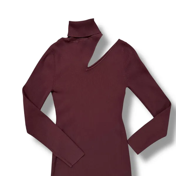 ALC Burgundy Ribbed Turtleneck Cutout‎ Long Sleeve Mini Dress Size L - Image 3