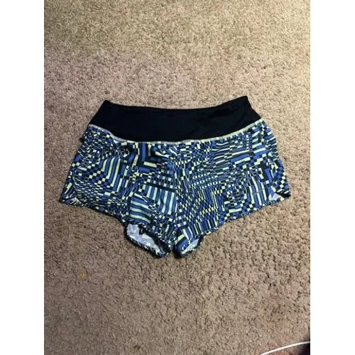 Nike Dri-FIT Running Shorts Womens Small Blue Green Geometric Digital Print Zip‎ - Image 2