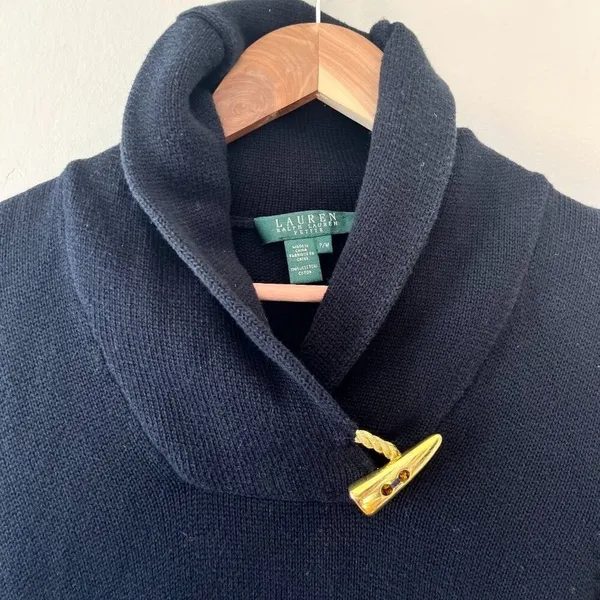 Ralph Lauren Sz XS‎ or PM Green Label Shawl Collar Ribbed Sweater Gold Clasp - Image 2