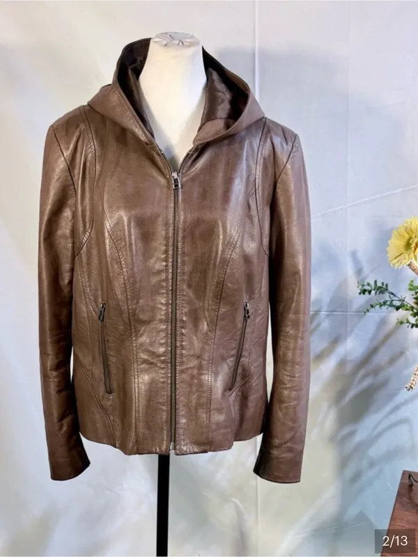 💥Danier Genuine Leather Hooded Moto Zip Up Jacket Brown Quilted Lining Sz L❤️ - Image 3