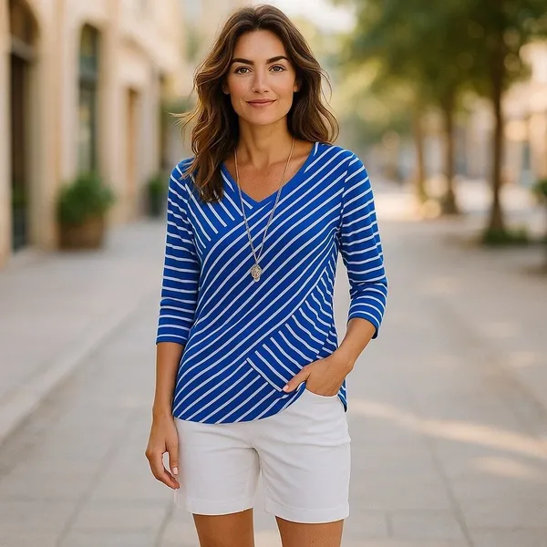 Chico's Miraculous Stripe Tiered Top Blue White‎ Asymmetrical Stripe Sz 1 M 8 - Image 3