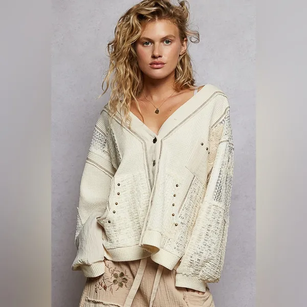 POL Lg Cream Patchwork V-Neck Button Front Cardigan - Image 6