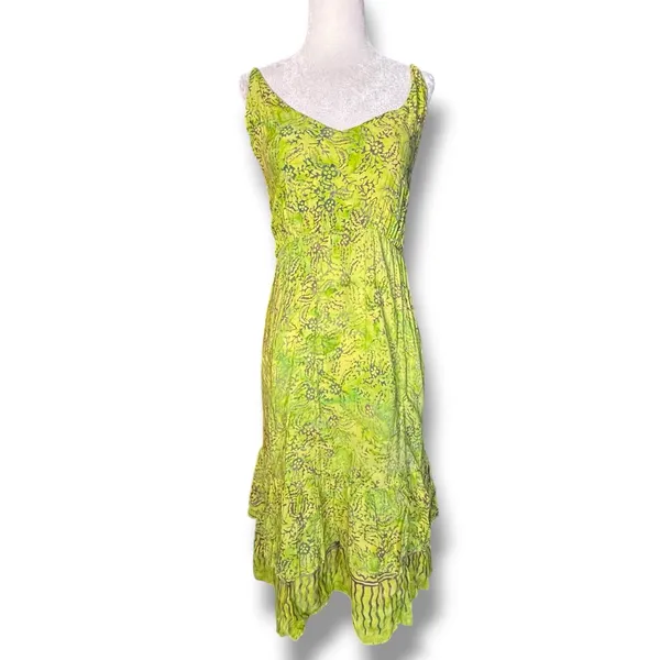 Vintage Lime‎ Green Batik Rayon Tiered Sundress Boho Tropical Midi Dress Artsy - Image 10