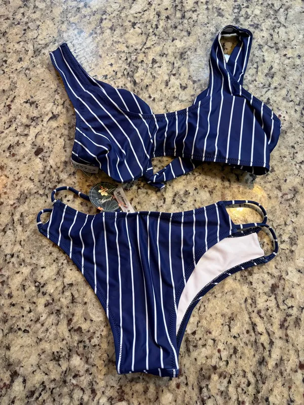 Blooming Jelly Navy Stripe Tie-Front Bikini Set - Image 5