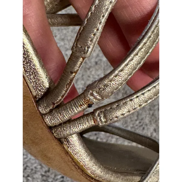Vintage MANOLO BLAHNIK Metallic Champagne Lace-Up Sandal Stiletto Heels 37.5 - Image 9