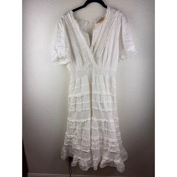 Anthropologie Love‎ The Label White Fairy Lace Tiered Ruffle Midi Dress Size M - Image 3
