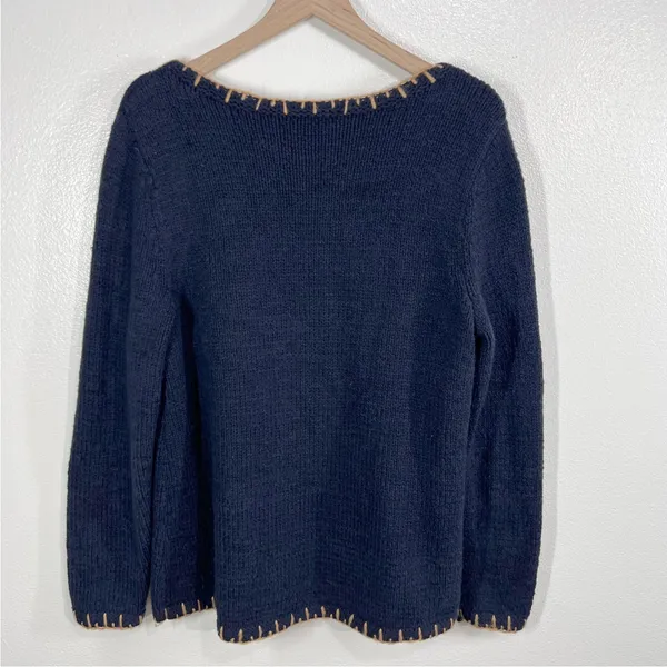 Pure Jill Women's Large Navy Blue Knit Sweater Whipstitch Trim Cotton Blend‎ - Image 3
