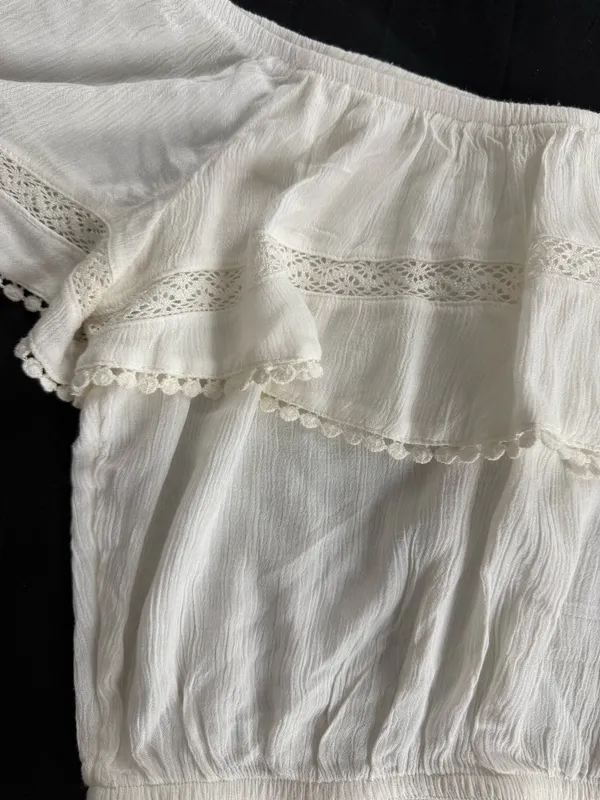 H&M + Coachella Cream Lace PomPom Off The Shoulder Top - Image 5