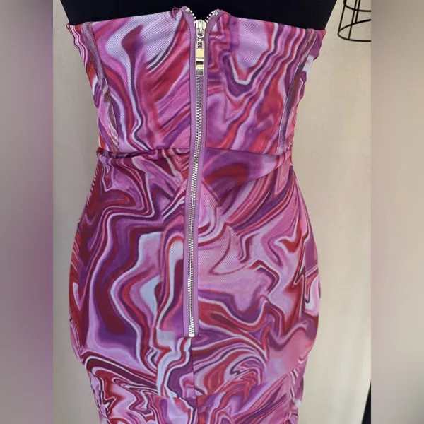 Bardot Pink Tie Dye Mesh Halter Mini Dress XS Y2K Bodycon Ruched - Image 9