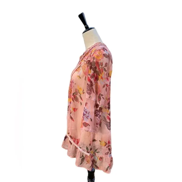 Buckle Boutique Boho Floral Sheer Tunic Top Size S |‎ Pink Lace Tassels Ruffle Hem - Image 3