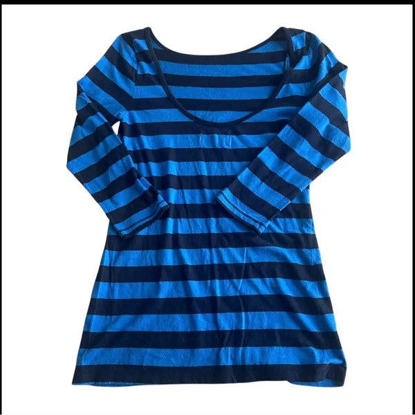 Abercrombie & Fitch Shirt Womens S Blue Black Stripe 3/4 Sleeve Scoop Neck Y2K‎ - Image 5