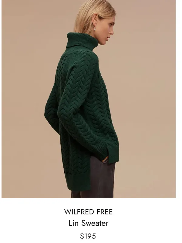 Aritzia Wilfred Free Lin Sweater 100% Wool Roll Neck Green XS - Image 2