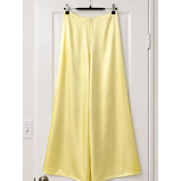 Handmade Butter Yellow Satin Palazzo Pants Wide Leg High Rise Cottagecore Size 2 - Image 3