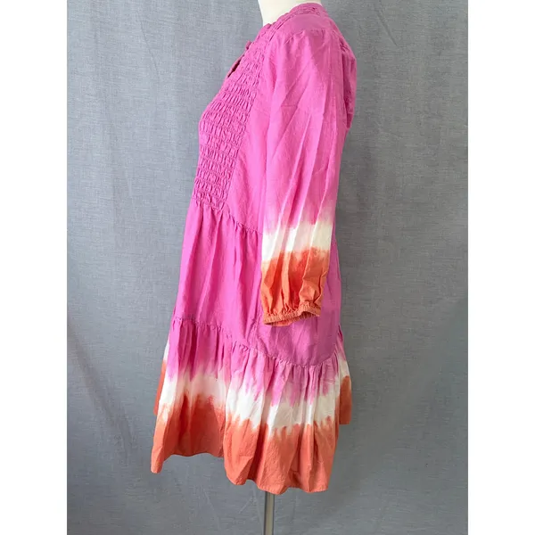 Sachin & Babi Pink Orange Dip Dye‎ Smocked Tiered Cotton Mini Dress Resort M - Image 8