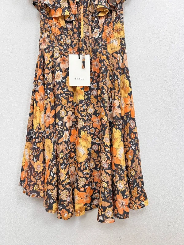 NWT Spell Hibiscus‎ Lane Off-Shoulder Sun Dress Licorice Floral XS Boho Mini - Image 5
