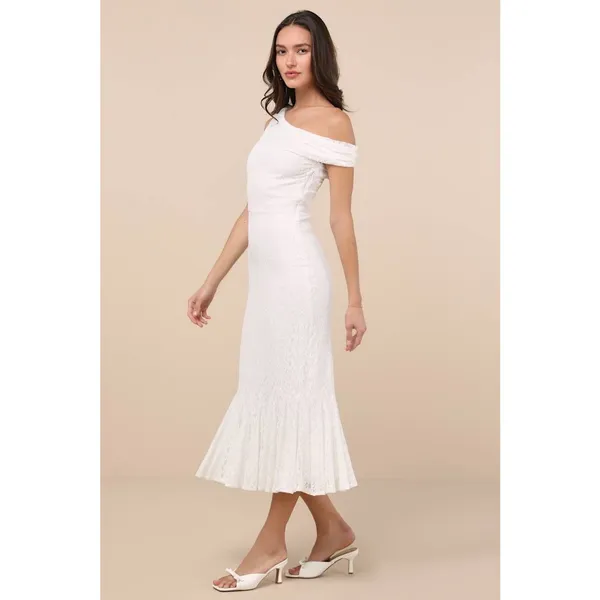 NWT Lulus Nadie White Lace Asymmetrical Midi Dress Bridal Bride Wedding Size M - Image 9
