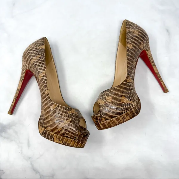 Christian Louboutin Altadama 140 Watersnake Open Toe Platform Heels Brown 38 - Image 6
