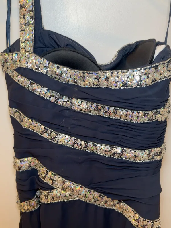 Navy Blue One Shoulder Sequin Beaded Formal Maxi Dress Evening Gown - Image 5