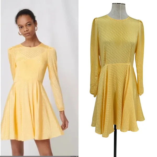 Maje Roseau Jacquard Skater Dress Long‎ Sleeve Yellow Size 40 US Large - Image 2