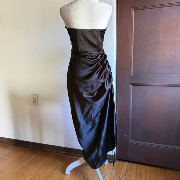ZARA | Black Satin Corset Top Ruched Midi Skirt with Slit Cocktail Dress | Small - Image 5