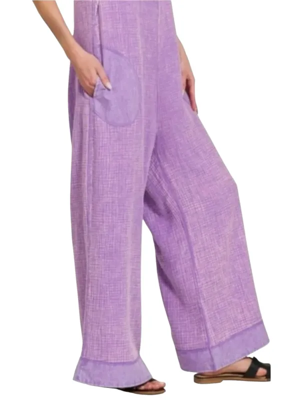 NWOT Zenana Lavender Double Gauze Wide Leg Overalls Jumpsuit Small - Image 3