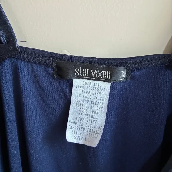 Vintage Star Vixen V-Neck Cocktail Dress Small Navy y2k Satin Mesh O-Ring - Image 4