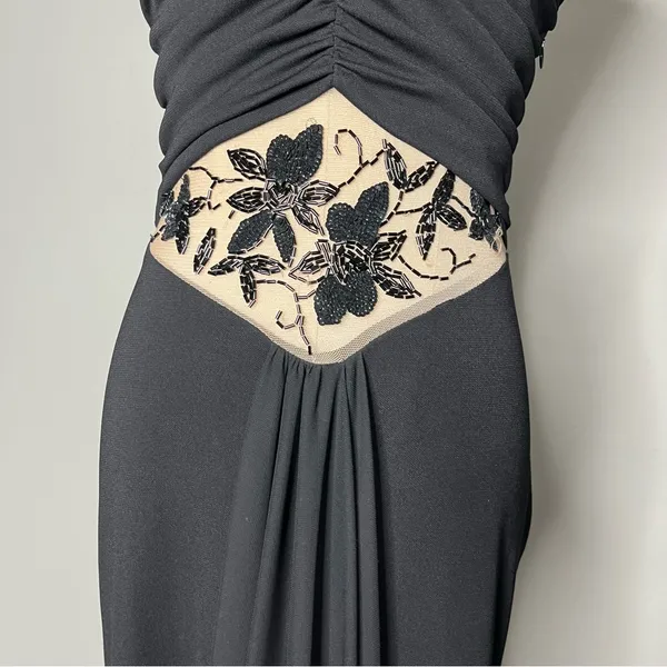 Vintage Cache Illusion Neckline Floral Beaded Mesh Waist Full Length Gown - Image 6