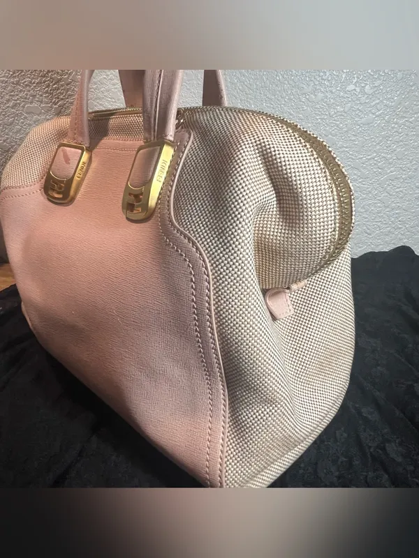 Fendi Chameleon Large Tote Bag 8BL114 Pink Leather Beige Canvas 2-Way Satchel - Image 5
