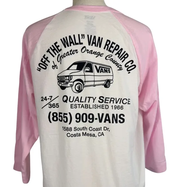 Vans Off The Wall Van Repair Co Raglan Tee Womens M Pink White Graphic Cotton - Image 8
